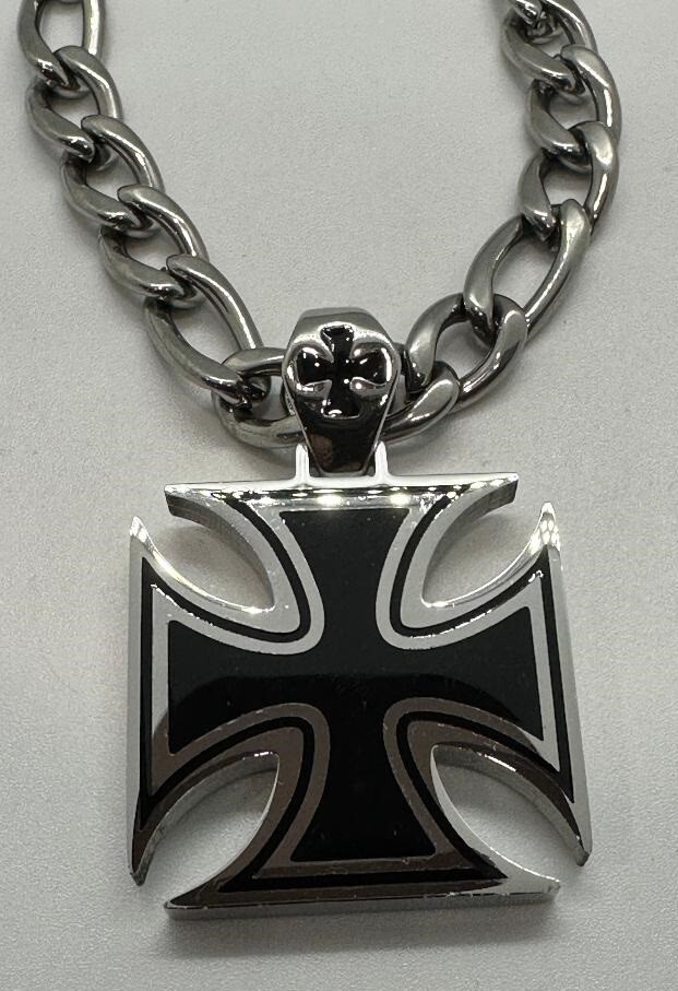 Large, Solid & Strong Iron Cross Pendant Charm 8mm Figaro Necklace Stainless 105
