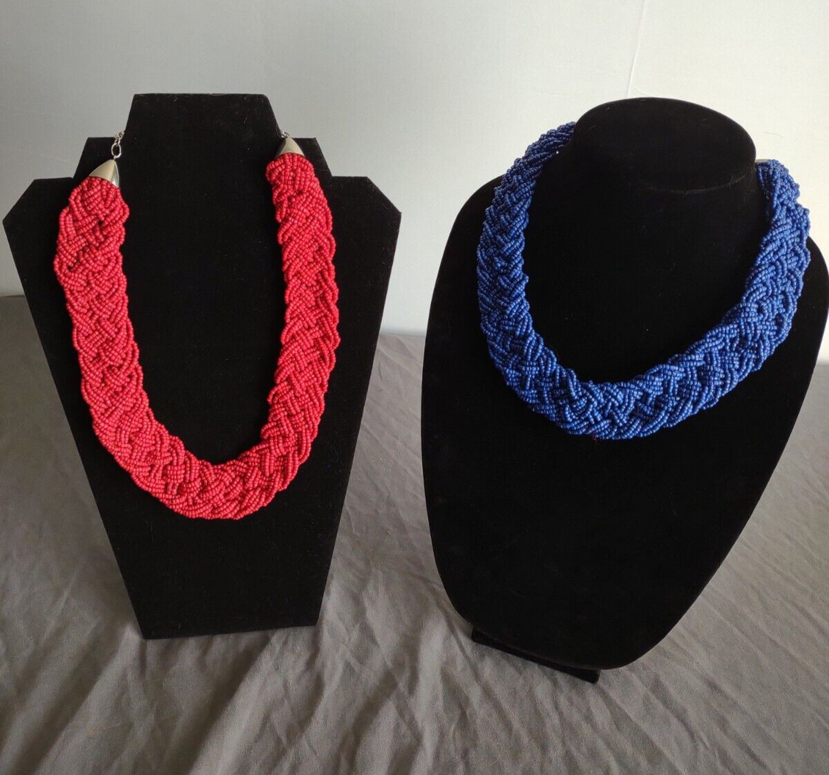 Statement Boho Glass Seed Bead Necklace Jewelry Lot Red Blue Chunky Braided