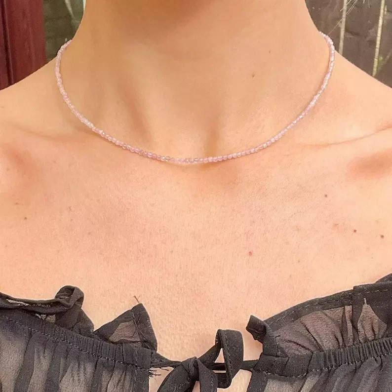 Minimalist Rose Quartz 2mm Beaded Choker Delicate Healing Dainty Necklace Gift