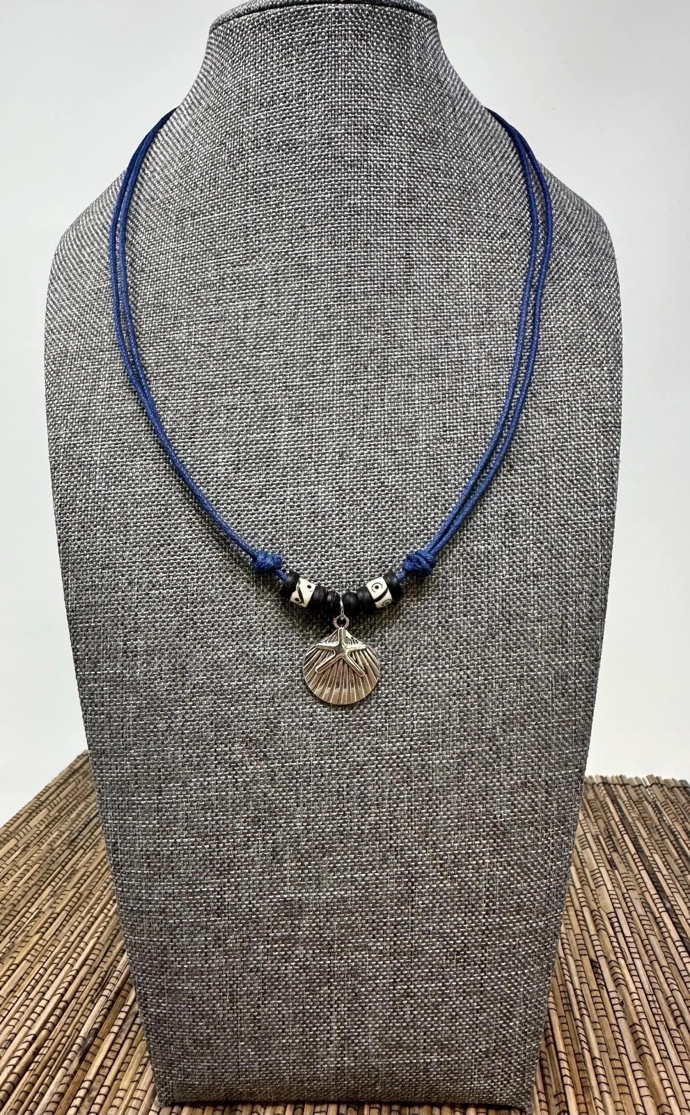 Seashell & Starfish Pendant Necklace | Silver Tone | Navy Blue Cord | Beach