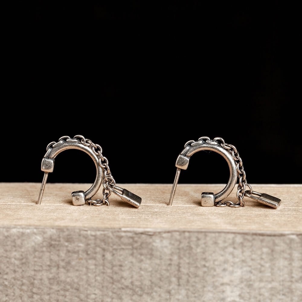 C-shape Small Hoop w/ Chain Lock Drop Post Earrings Gothic 925 Sterling Silver