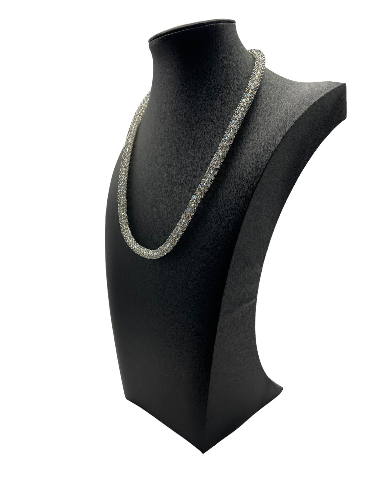 Stainless Steel China Mesh Net Aurora Borealis Bead Silver Tone Necklace Modern