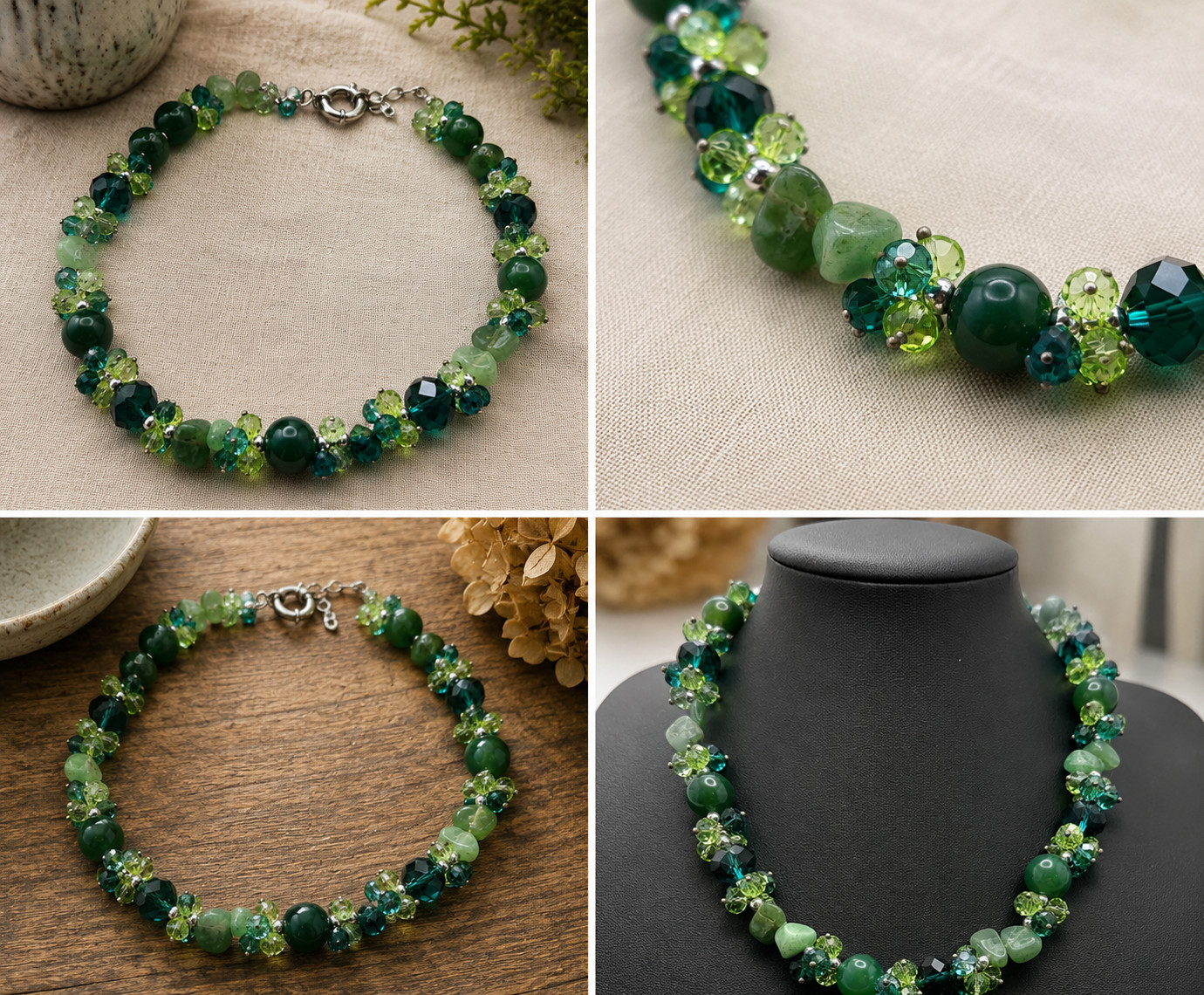 Green Glass & Semi Precious Stone Statement Necklace 46cm Handmade Boho Gift