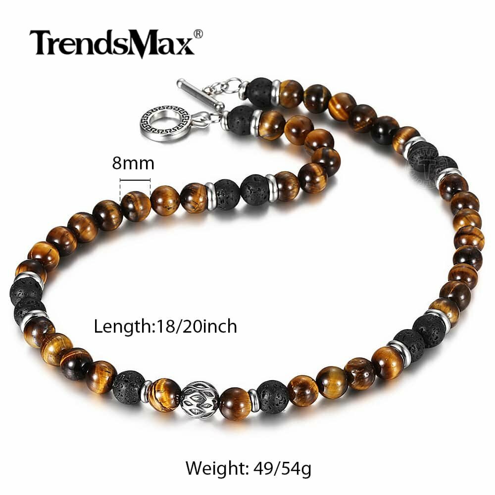 8mm Natural Tiger Eye Lava Bead Necklace Choker Stainless Steel Toggle 18/20/24″