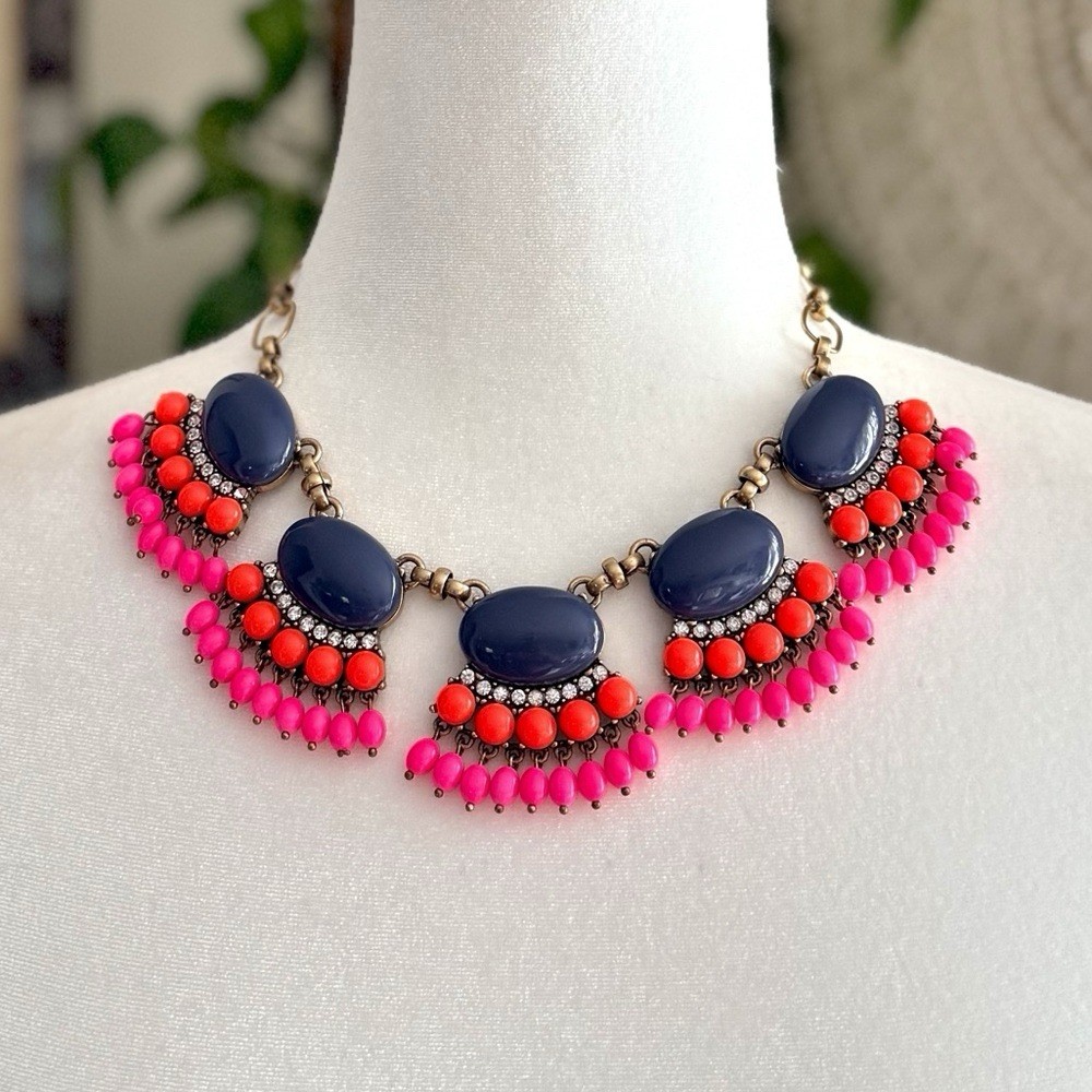 J.Crew Fan Fringe Statement Necklace Navy Blue Coral Pink Beaded Bib Chunky