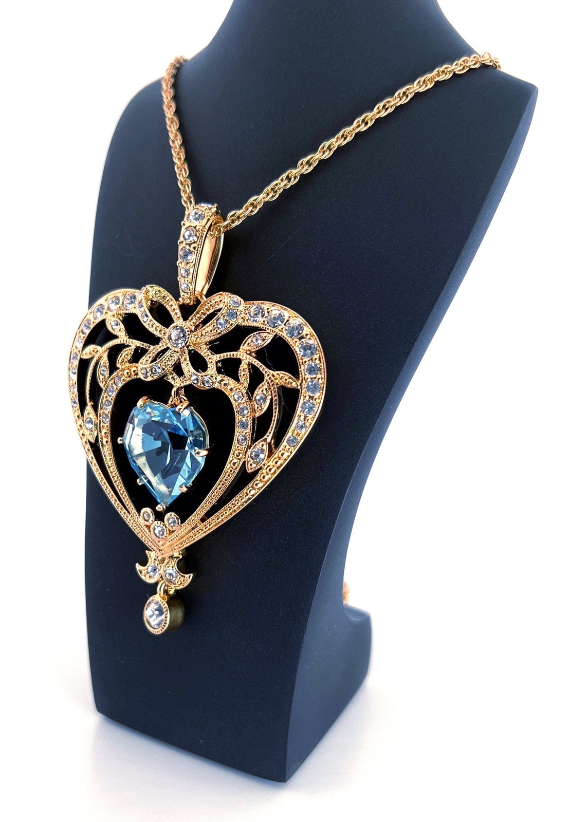 March Birthstone Gold Plated Necklace Set With Heart Shaped Aquamarine Crystal