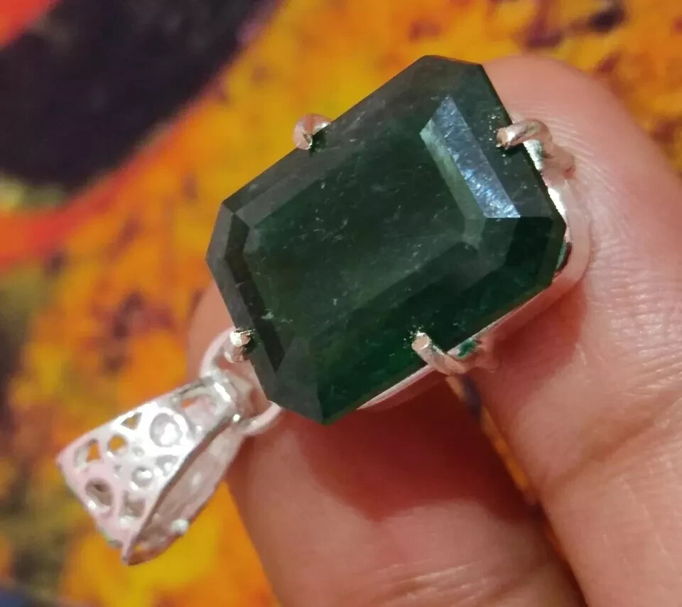Certified Natural Emerald 925 Solid Silver Emerald Cut Pendant Gemstone 35.30 Ct