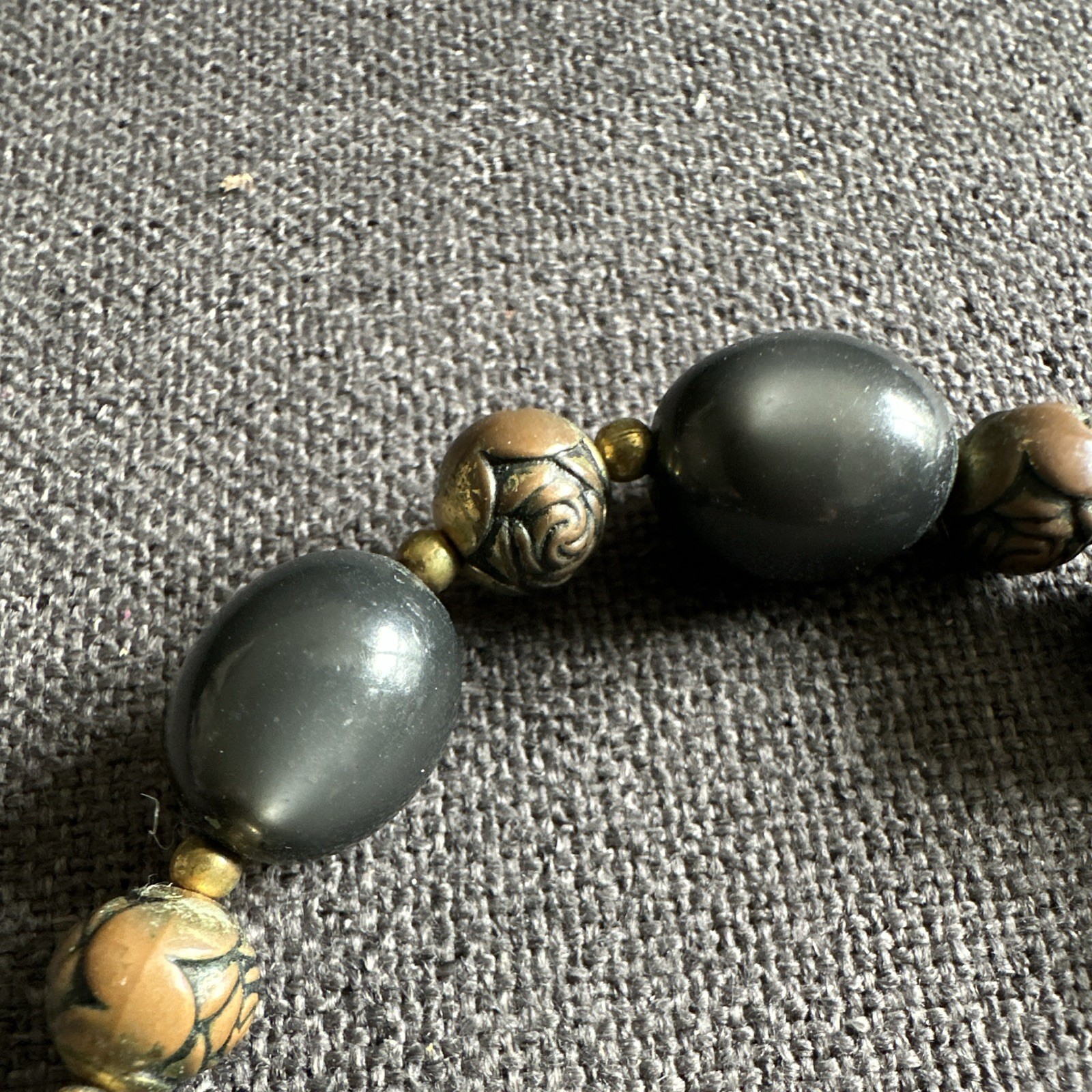 Gold Tone & Gray Beaded Necklace, Curb Chain, Spring Ring Clasp
