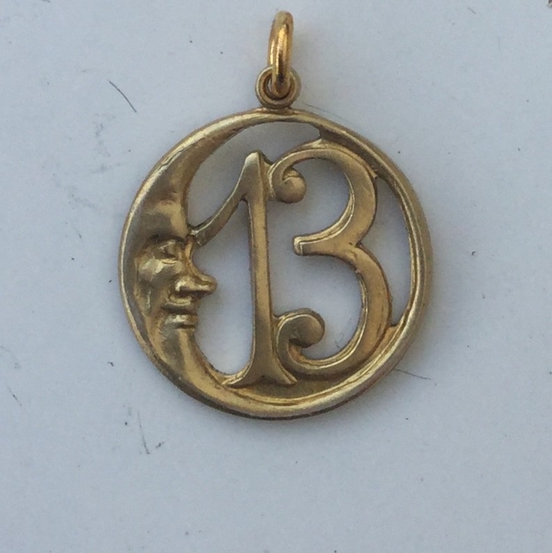 LUCKY 13 Crescent Moon Pendant Charm. Gold Tone. Retro Vintage style Good Luck.