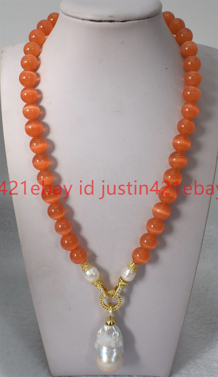 8/10/12mm Natural Orange Cat’s Eye & White Keshi Baroque Pearl Pendant Necklace