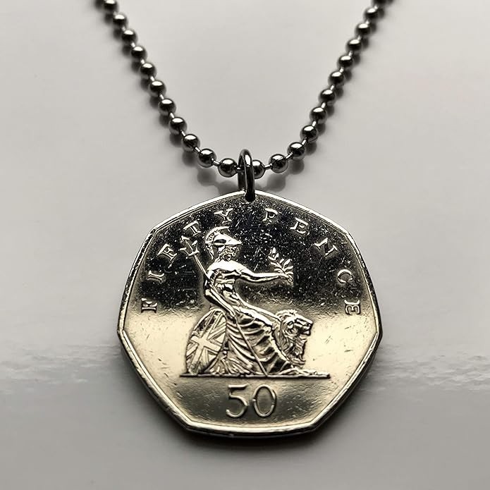 1997 UK 50 Pence coin pendant British lion Britannia London England Leeds 000193