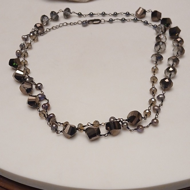 Gray Crystal & Glass Round Beaded Necklace Adjustable Lobster Clasp