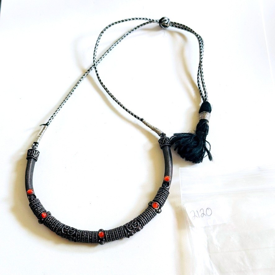 VTG Tribal Oxidized Necklace Glass Cabochon BOHO Tibetan Ethnic Nepal BOHO 26″