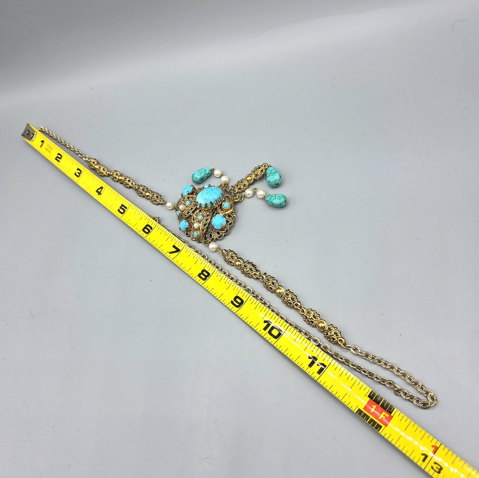 WEST GERMANY Turquoise Mottled Art Glass Drop Faux Pearl Sautoir Necklace 26″