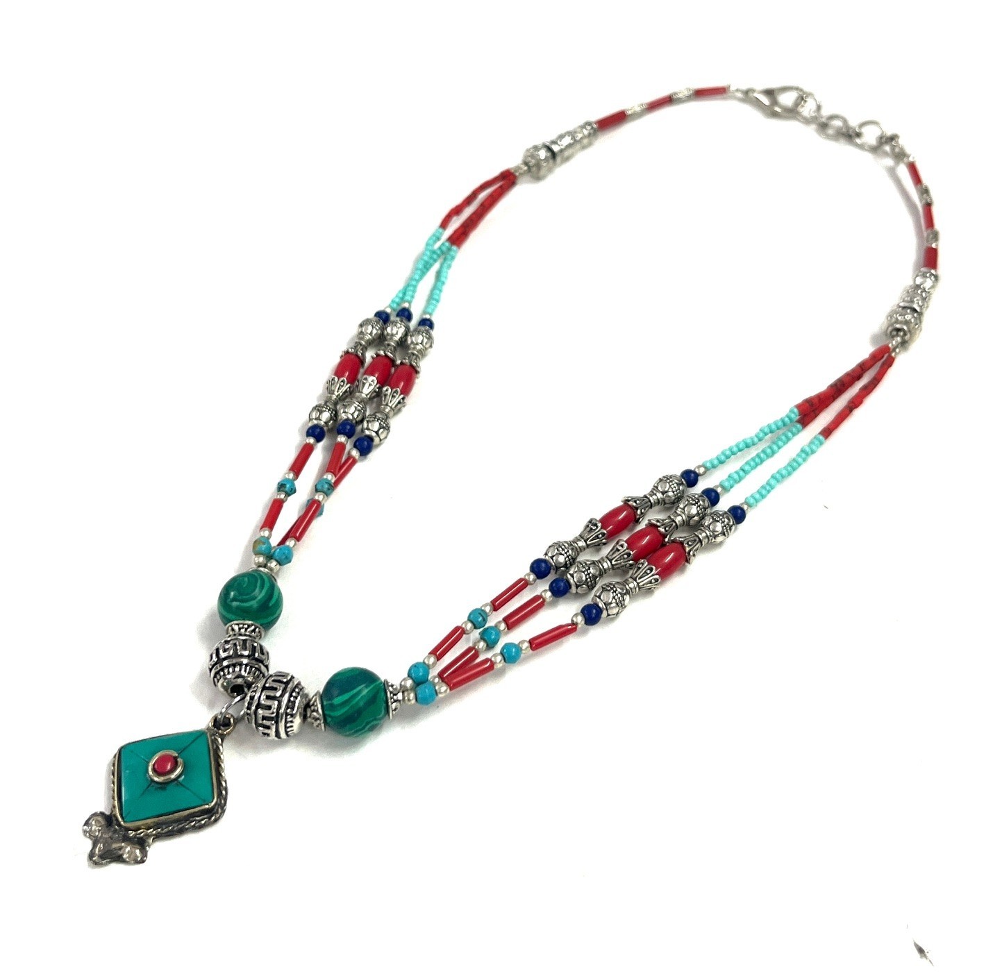 Antique Turquoise Coral Gemstone Tibetan Style Necklace Jewelry, 17 Inc Adjs