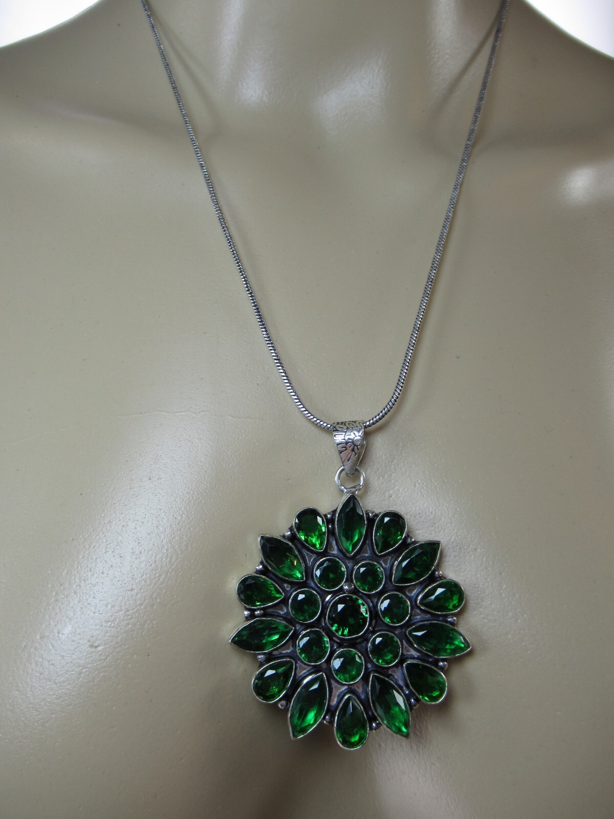 Necklace Pendant Flower Green Cluster Bezel Set Glass Cabs Bold Large Silver