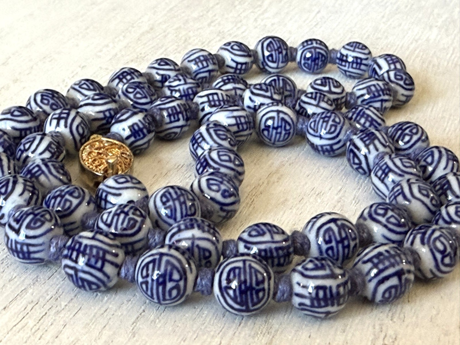 Vintage Chinese Necklace Blue White Porcelain SHOU Longevity Beads 24″ Knotted