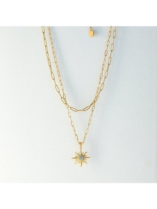 Double Layer Necklace w/cz Sun Pendant Gold Layered Necklace Summer Jewelry