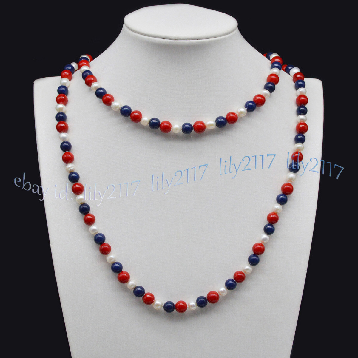 6-7mm White Pearl 8mm Red Coral Blue Lapis Lazuli Round Beads Necklace 22-100”