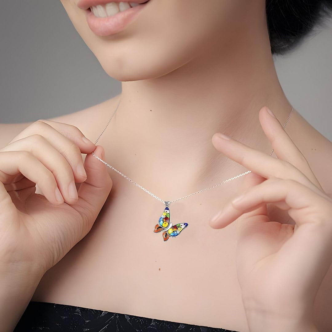 Murano Style Millefiori Glass Butterfly Necklaces for Women – Colorful Boho Neck