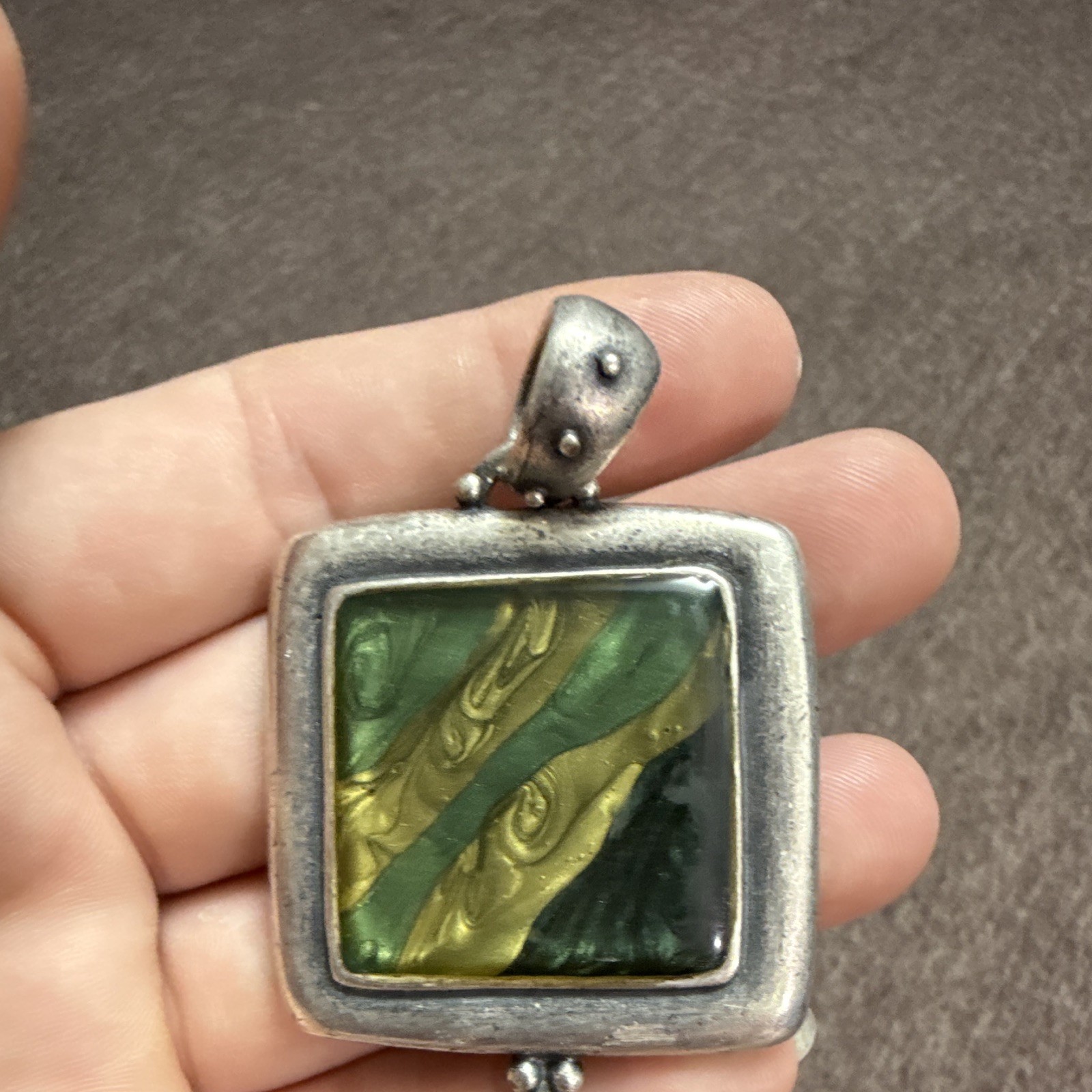 Silver Tone Square Bezel Set Charm Pendant Necklace Green/Yellow Stone