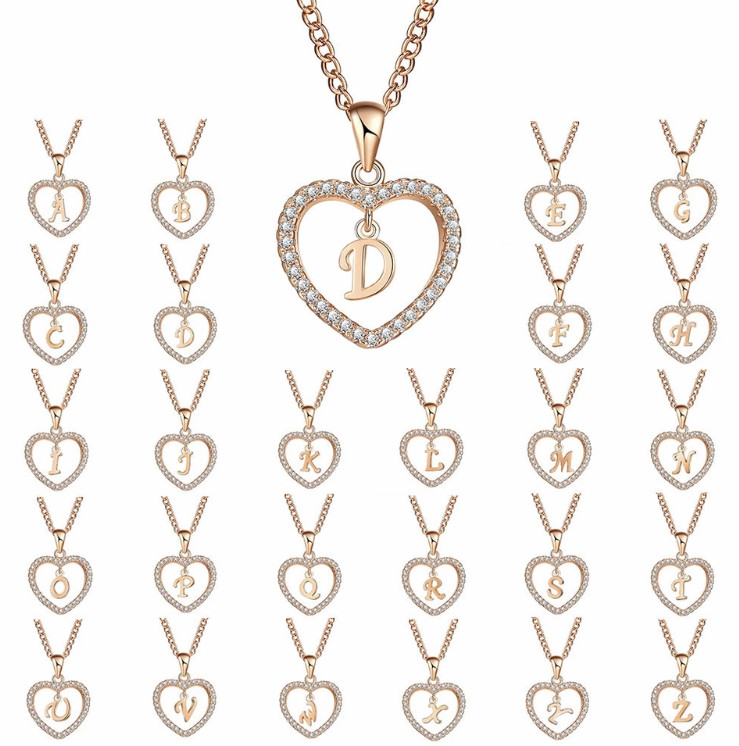 Letter Heart Necklace – Rose Gold Pendant Crystal Rhinestone Inital Charm Bling