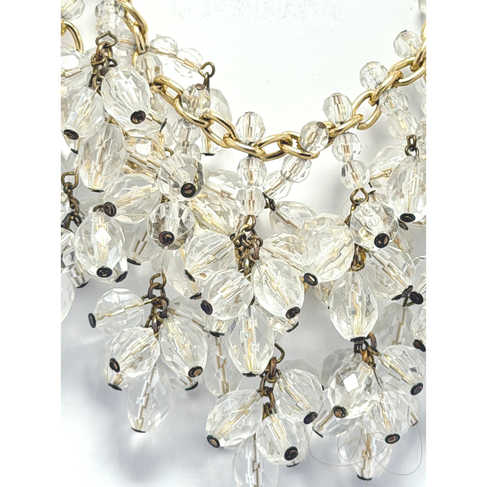 Clear Faceted Bead Cluster Bib Necklace Gold Tone Statement 18 Inch