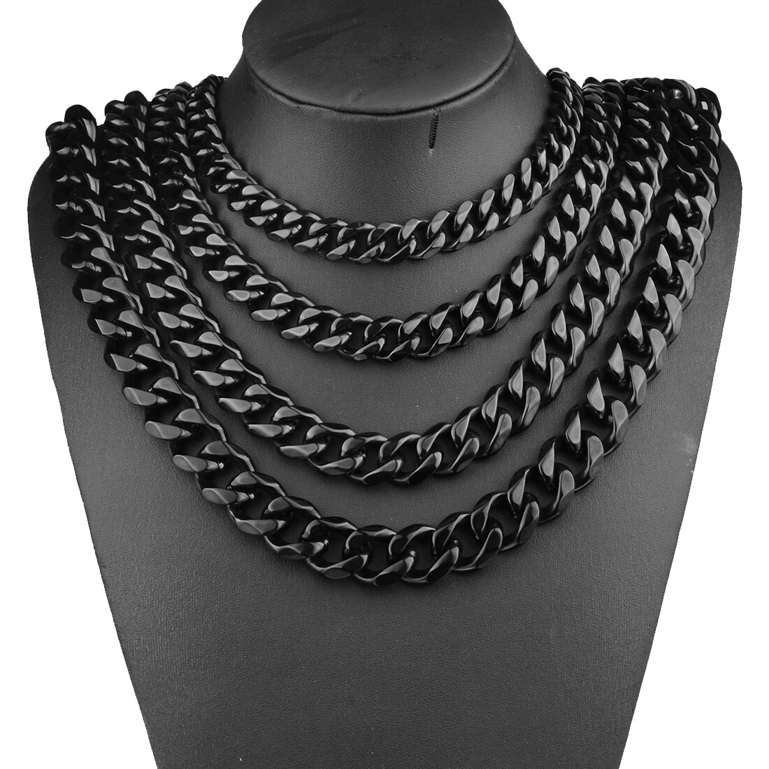 12/15/19/17MM Heavy Black Tone 316L Stainless Steel Men’s Curb Chain Necklace