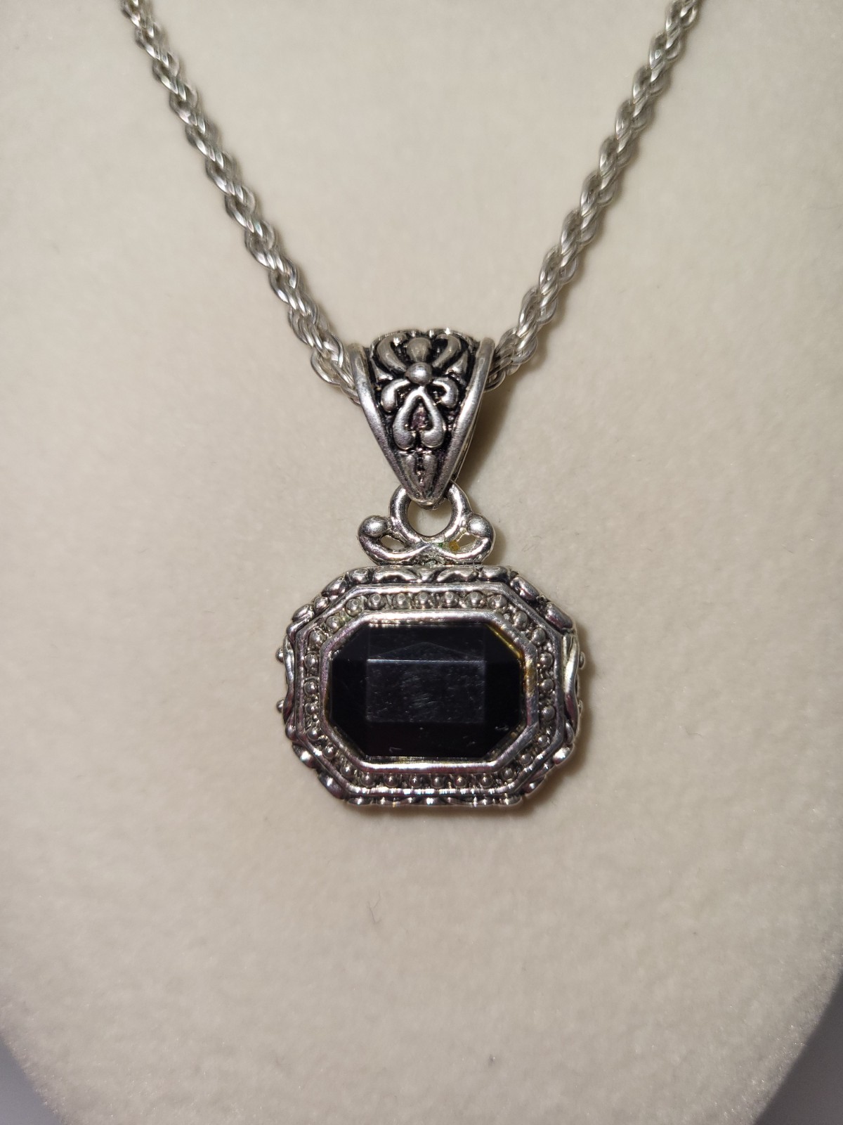 The Roman Company~RMN Signed Silver Etched Black Emerald Cut Pendent Necklace