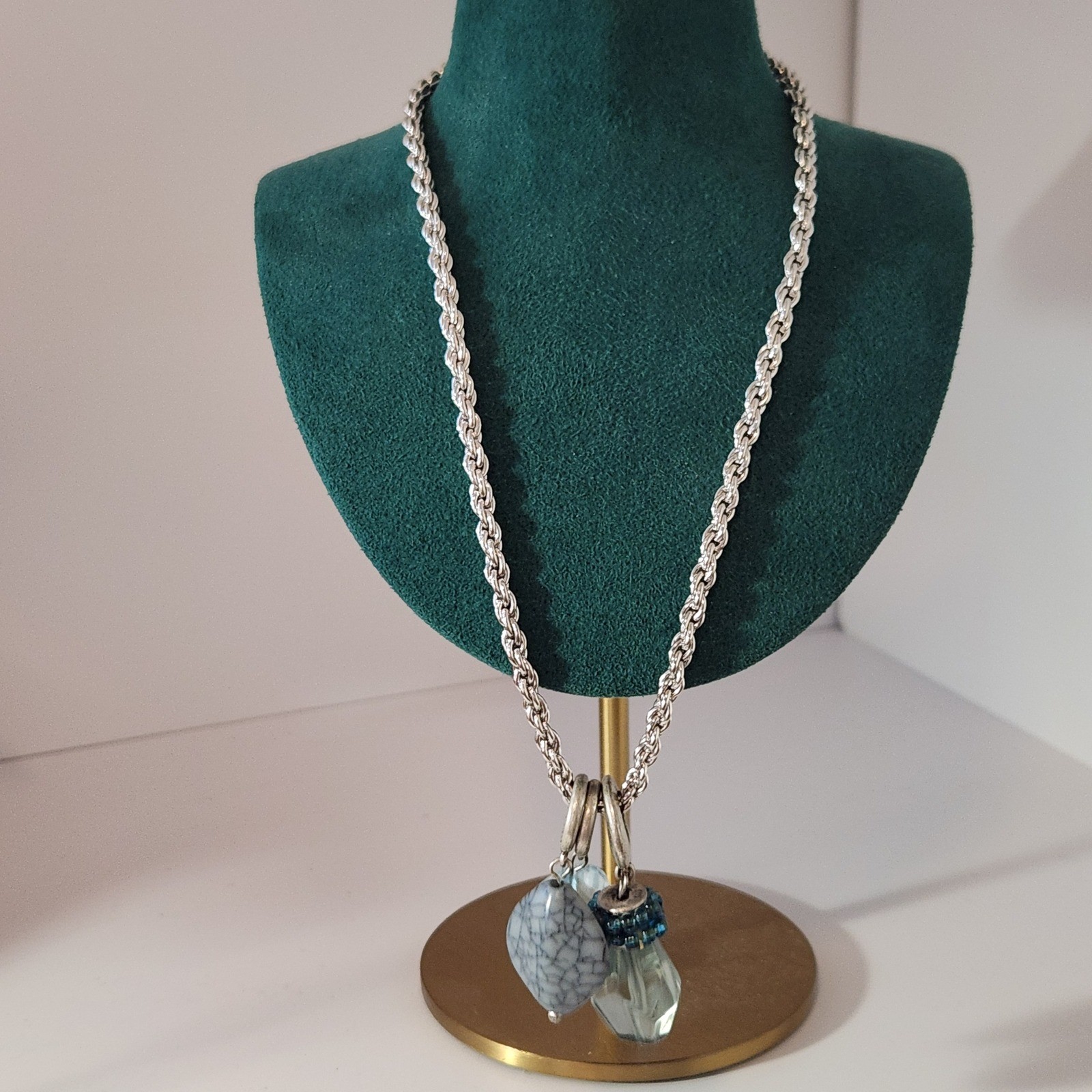 Unbrand Silver Tone Rope Chain Multi Charm Necklace Blue Stone Glass Beads
