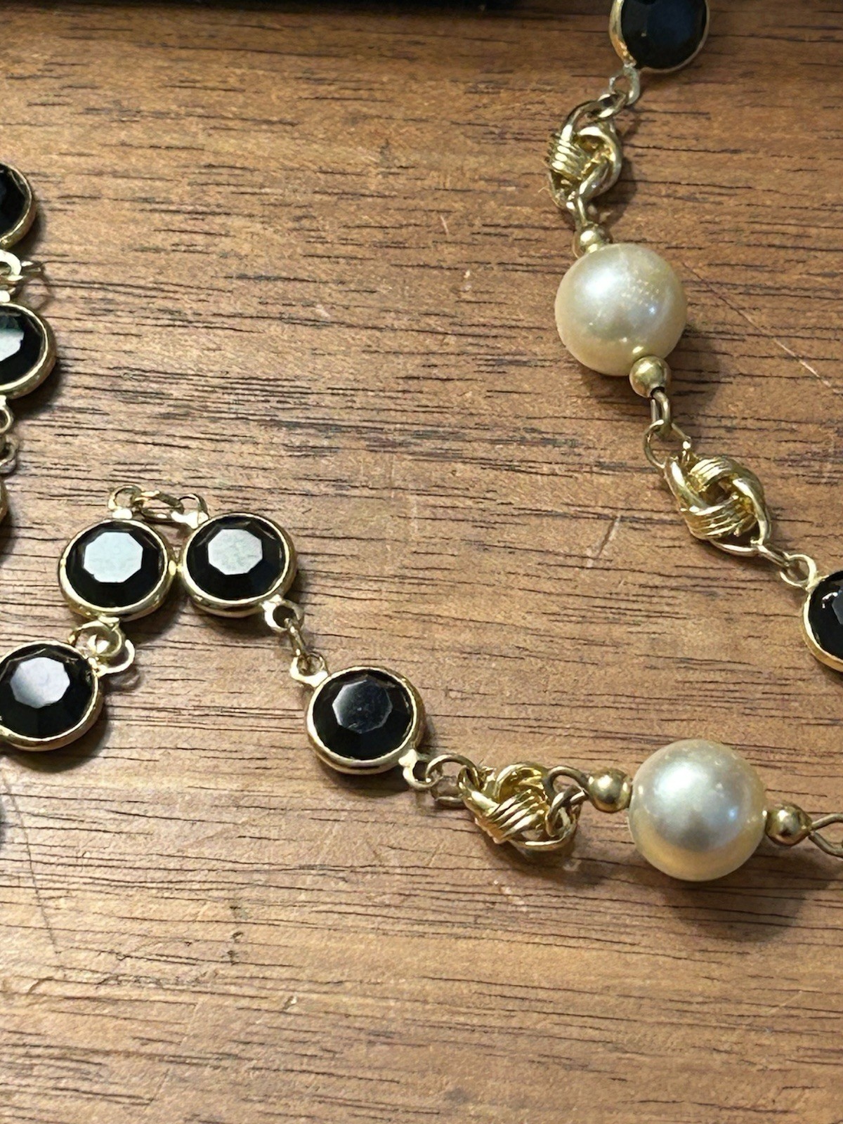 Vintage Swarovski Crystal Link Necklace Simulated Pearls Black Glass Bezel
