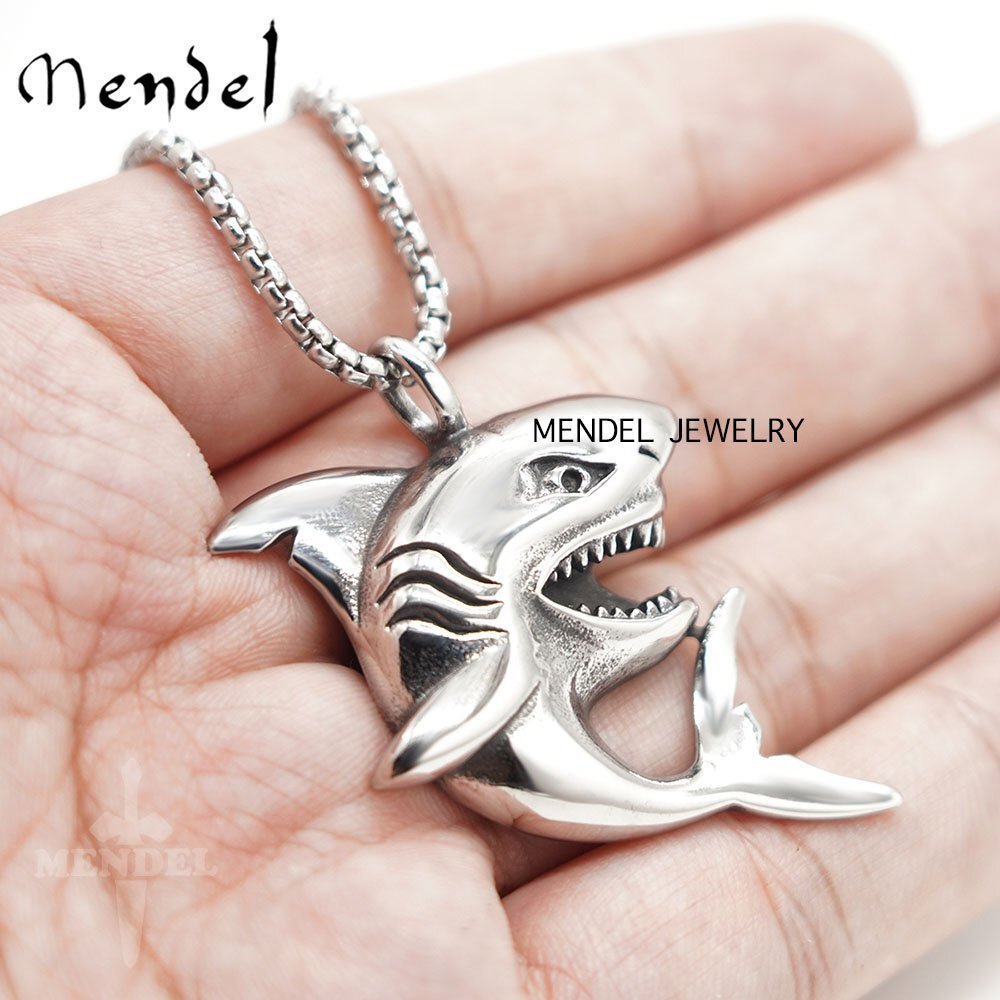 MENDEL Mens Boys Girls Shark Fish Pendant Necklace Stainless Steel Chain Set