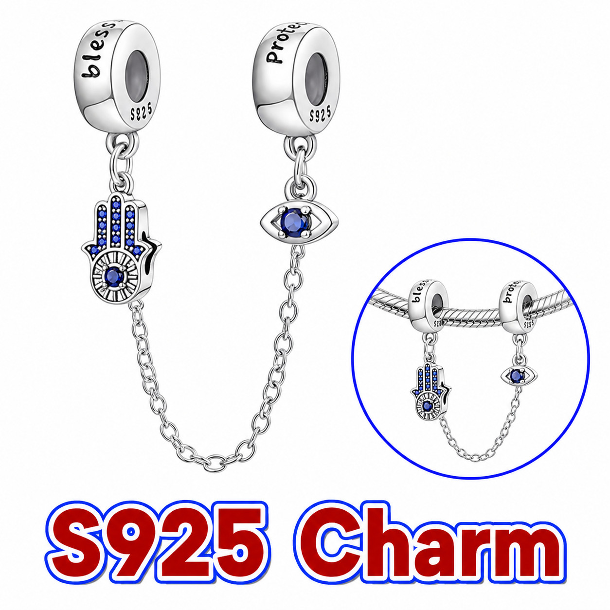 S925 Sterling Silver Evil Eye Safety Chain Charm Pendant European Bracelet Simul