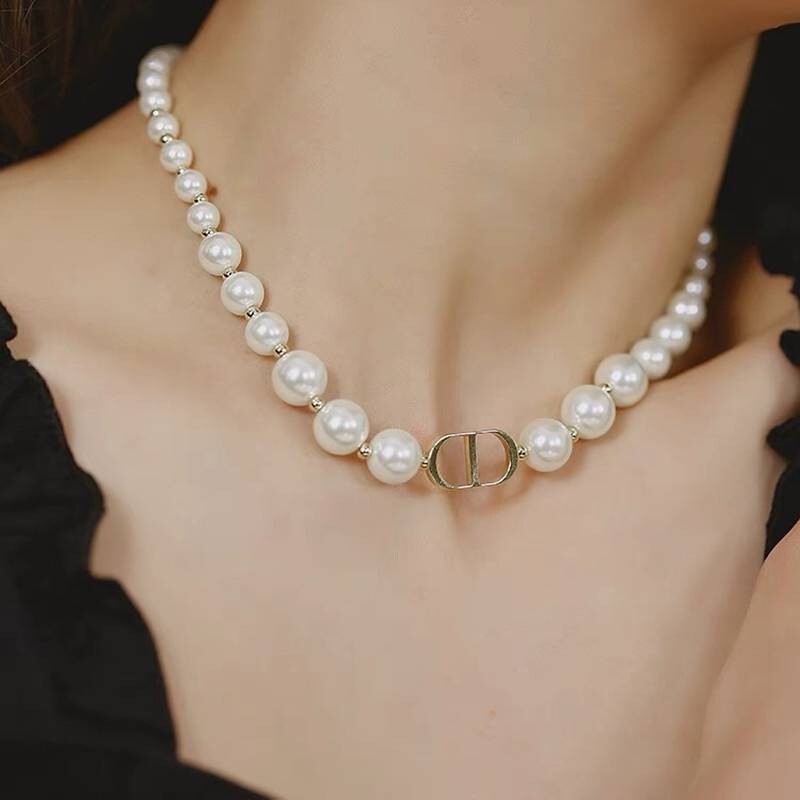 Necklace Earrings Bracelet Faux Pearl Silver Gold Chain Woman CD Pendant Strand