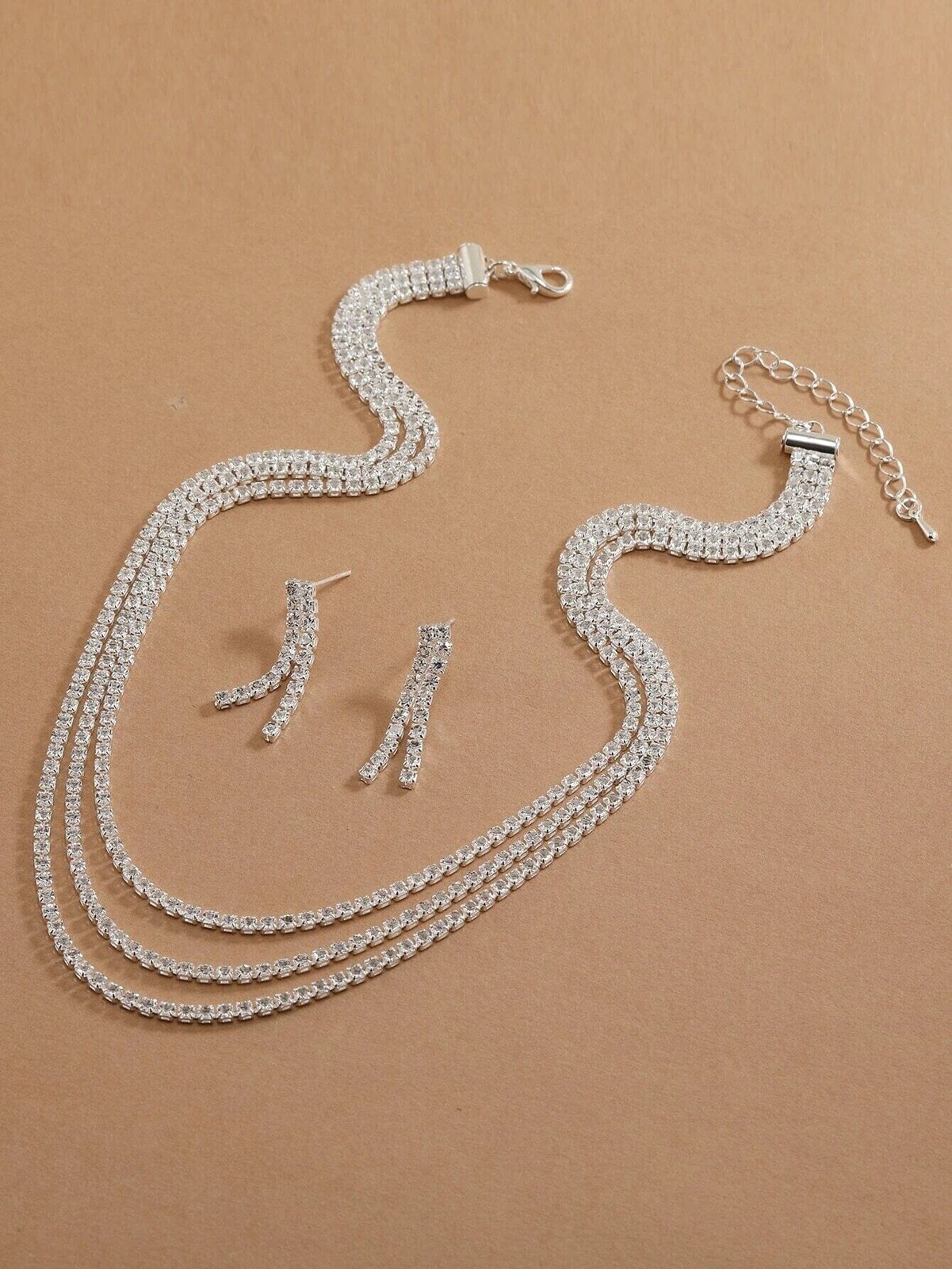Bridal Rhinestone Crystal Multi Layer Necklace and Earrings 3 PC Jewelry Set