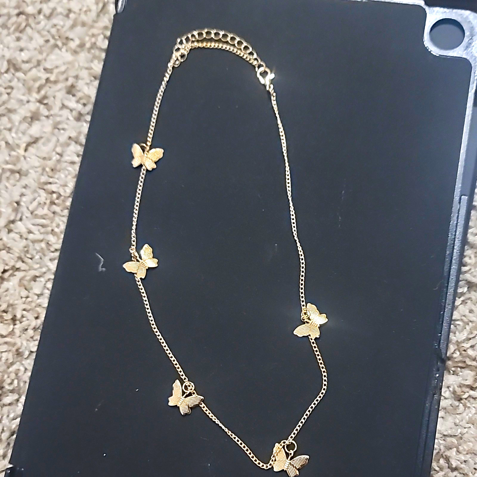 Gold Tone Butterfly Charm Pendant Necklace, Cable Chain, Lobster Clasp, No Stone