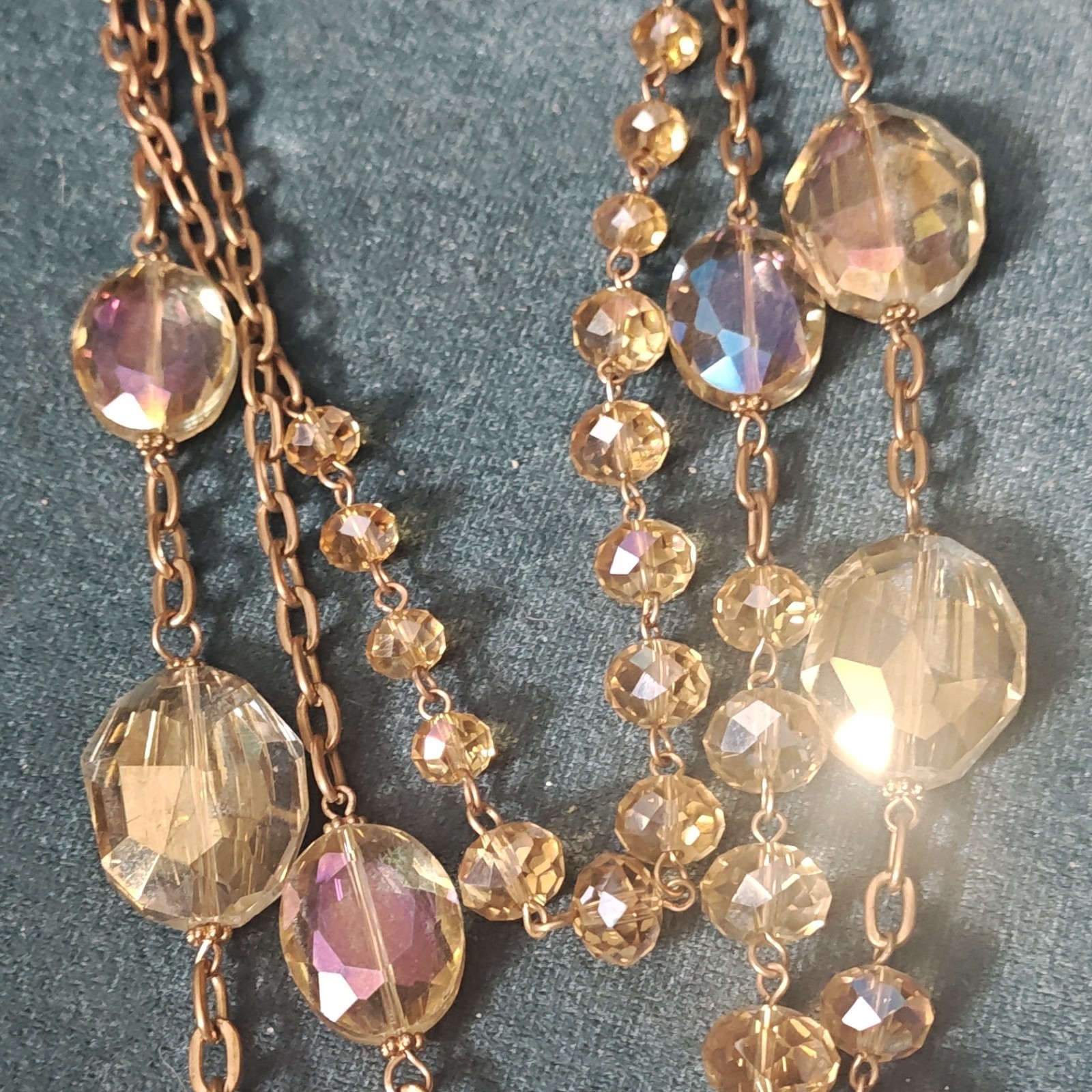 Gold Tone Layered Cable Chain Necklace Champagne & Aurora Borealis Crystal Beads