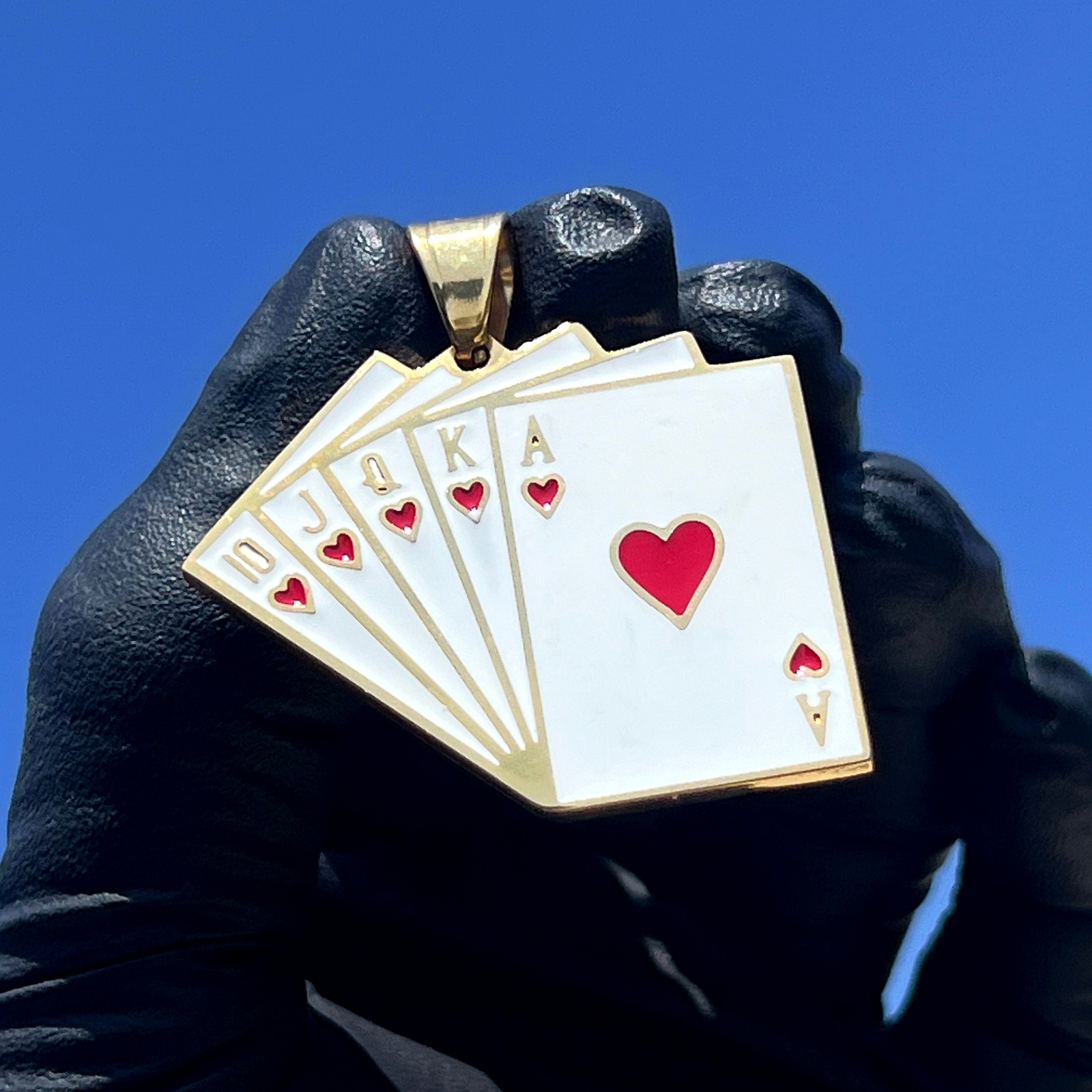 18K Gold Plated Stainless Steel Hearts Royal Flush Poker Playing Cards Pendant