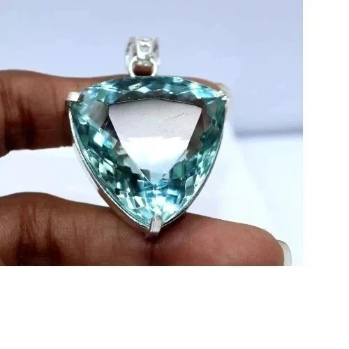 Natural 57.45 Ct Brazilian Trillion Aquamarine Topaz Pendant 925 Silver Gemstone