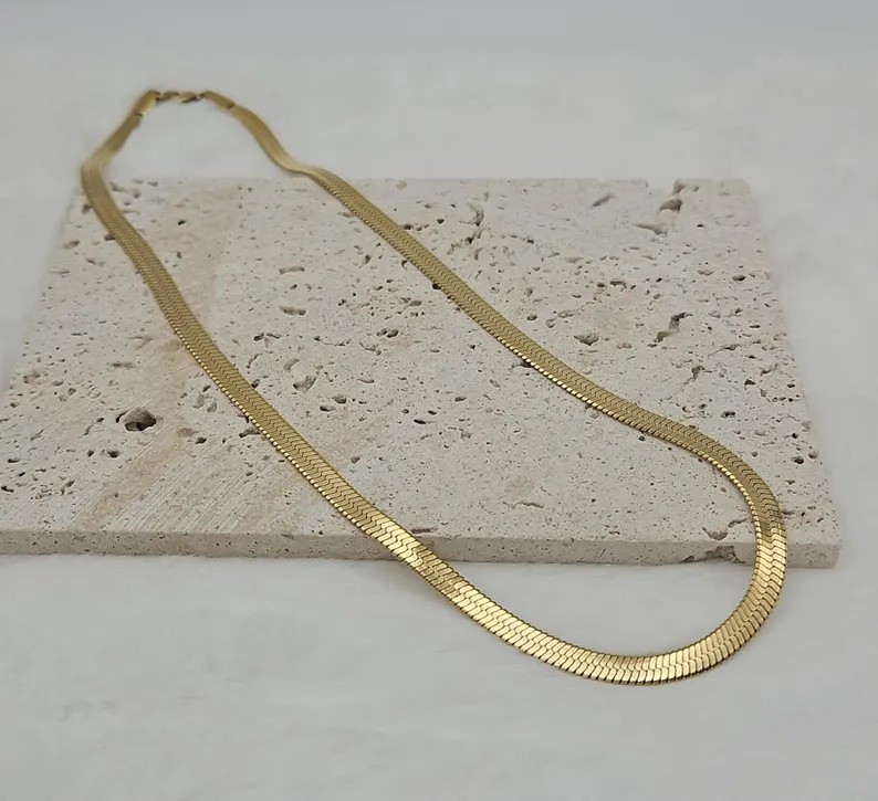 Gold Herringbone Necklace, 5mm Thick, 14k Gold Plated, No Fade, Water Proof