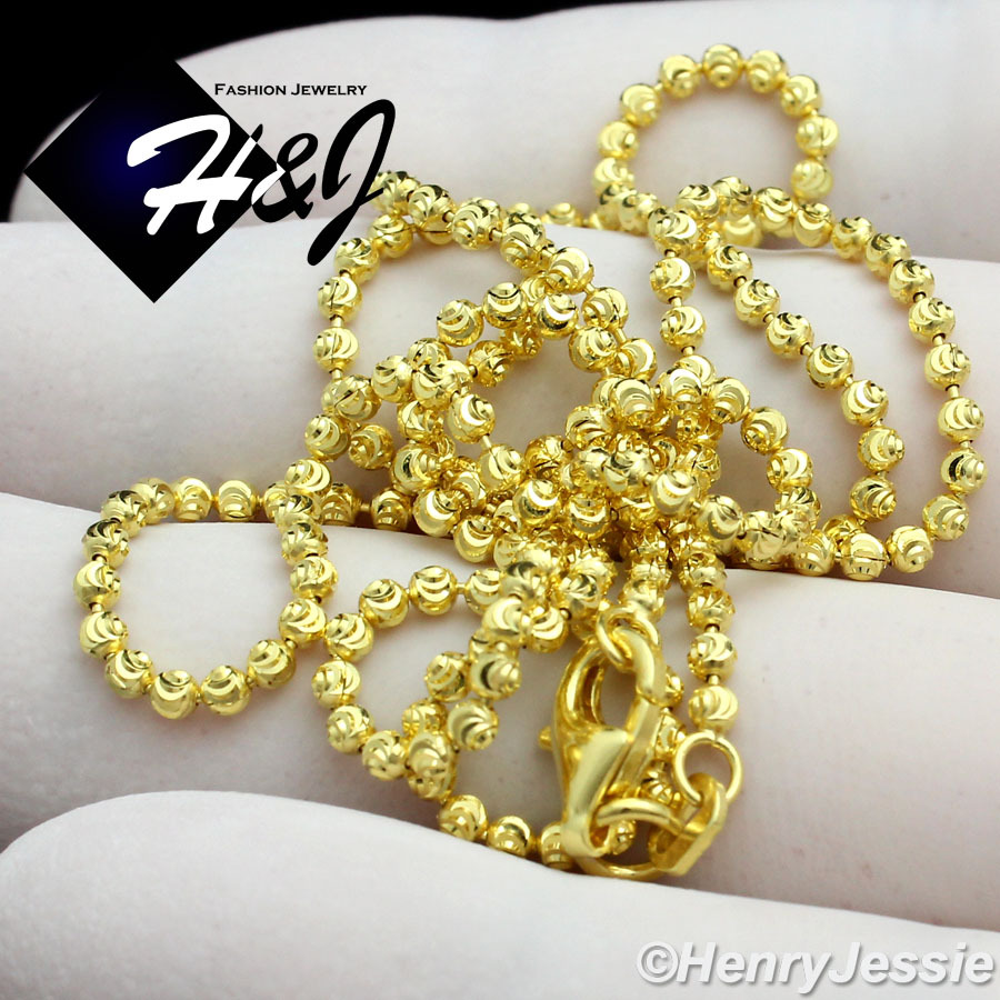 20″24″30″MEN WOMEN 925 STERLING SILVER 3MM GOLD PLATED MOON CUT BEADED CHIAN*SN7