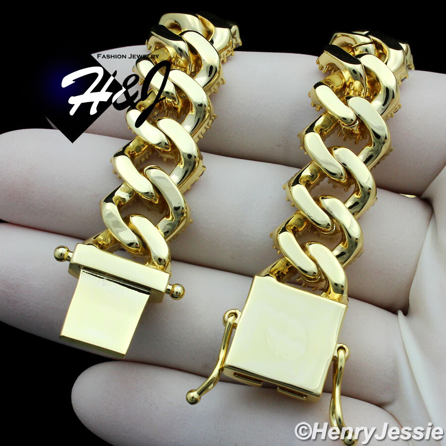 16″-30″MEN 14K GOLD PLATED ICY BLING CZ 14MM GOLD MIAMI CUBAN CURB NECKLACE*B6