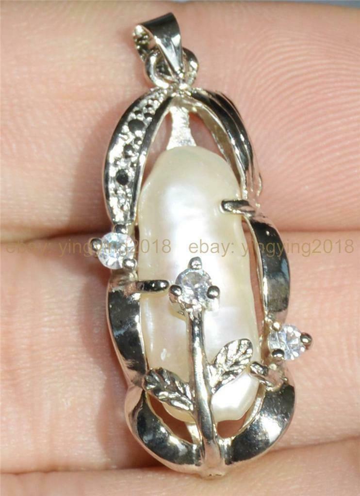 Natural Beautiful 8x18mm White Cultured Pearl Pendant Necklace 17” AAA