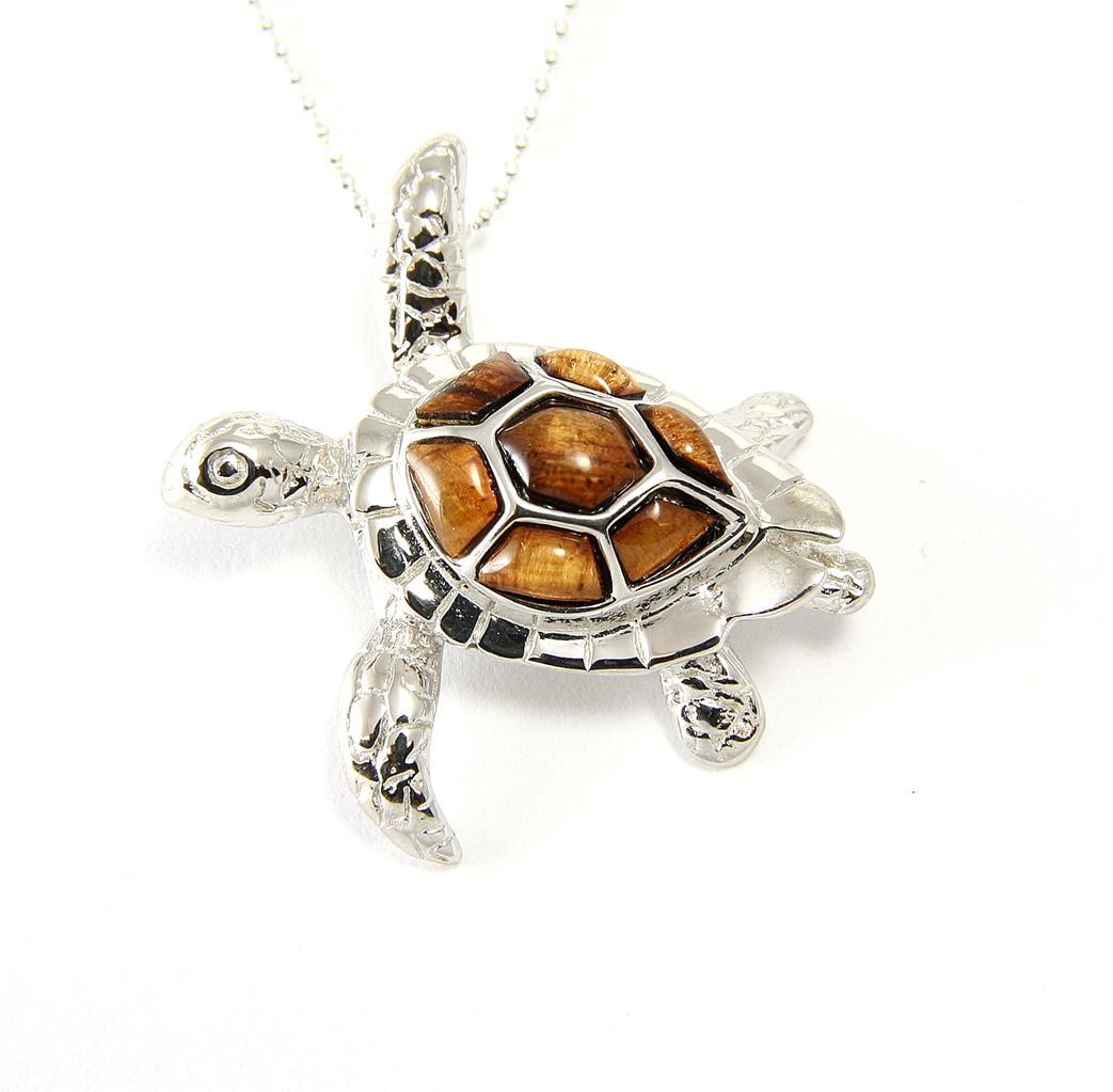 GENUINE INLAY HAWAIIAN KOA WOOD SEA TURTLE SLIDER PENDANT SILVER 925 MEDIUM 32MM