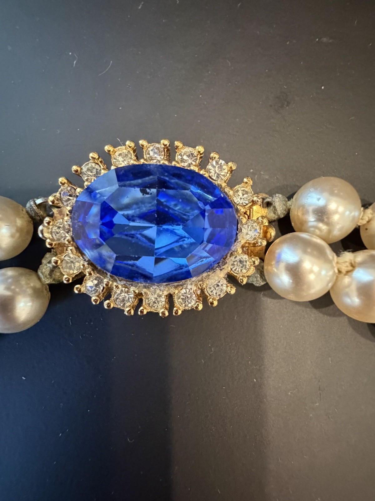 Vintage TARA Double Strand Pearl Chocker with Blue & Clear Crystal Clasps