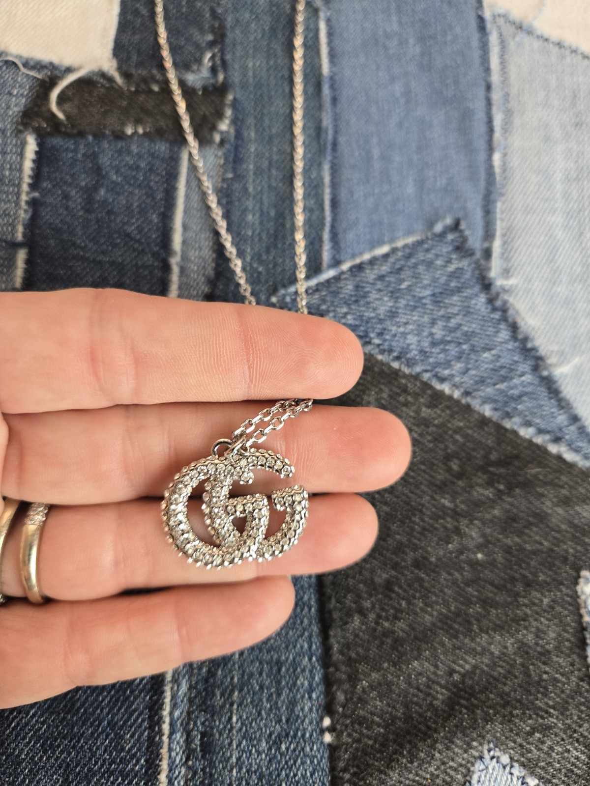 Silver Designer Rhinestone Charm Necklace 19″