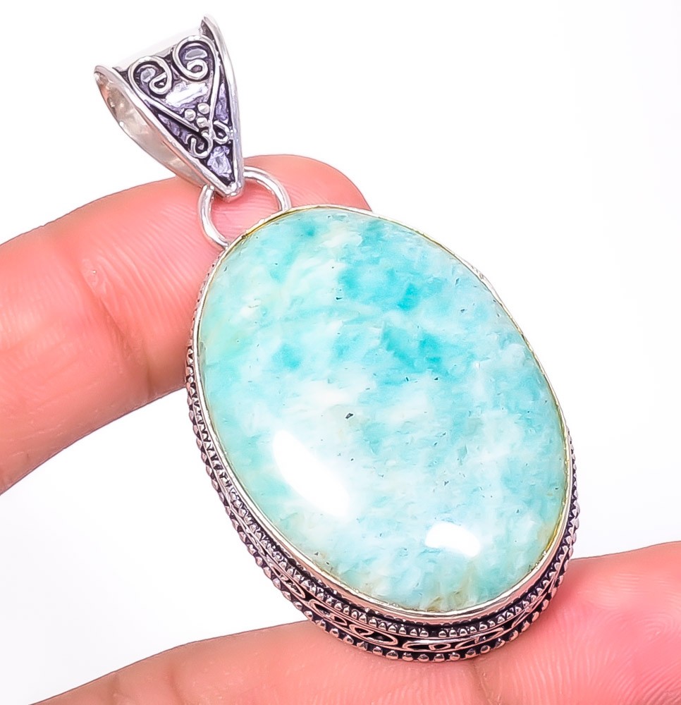 Natural Fine Art – Amazonite 925 Silver Plated Bali Pendant 2.11″ T2719