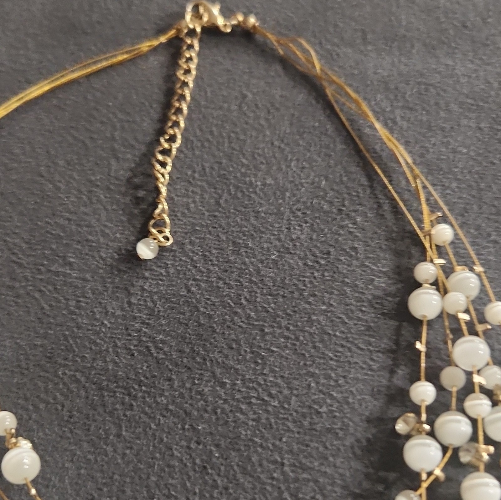 White Bead Layered Necklace Gold Tone Crystal Cable Chain Adjustable Lobster