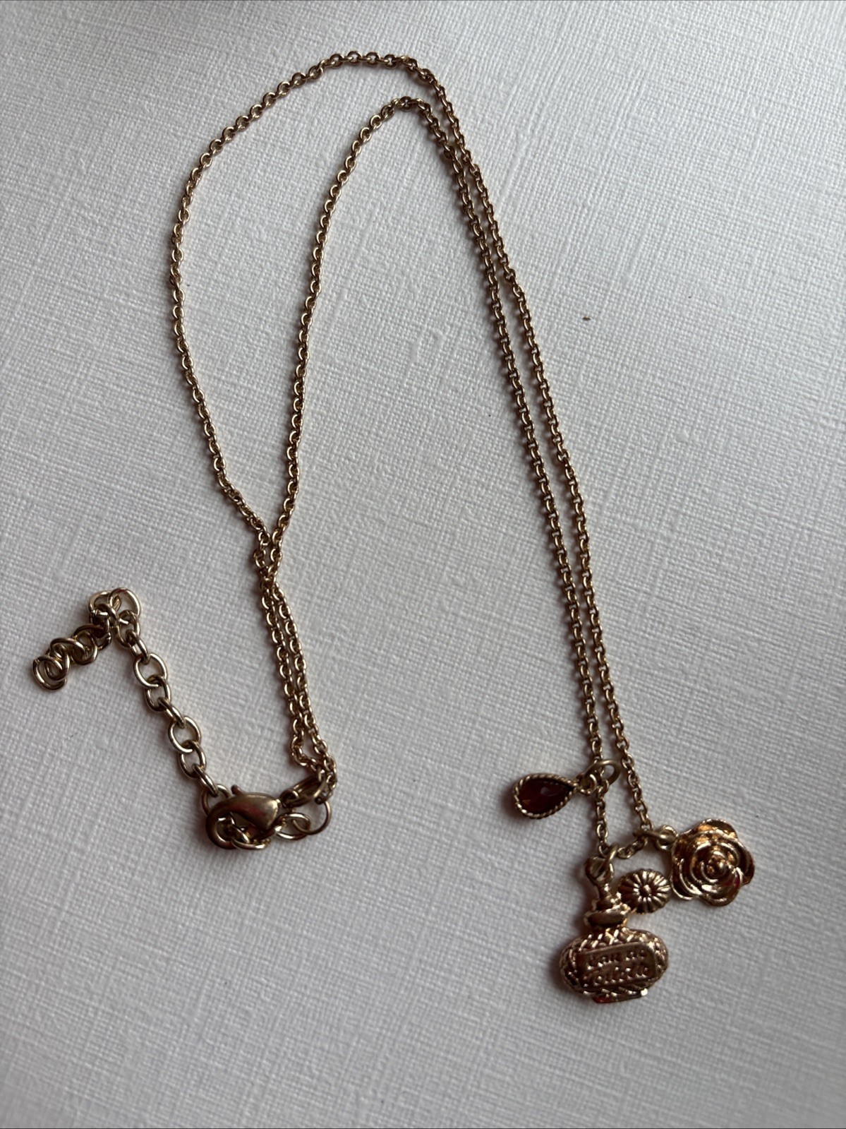 Miriam Haskell 3 Charm Necklace 18-20” Long, Perfume Bottle, Flower Pink Gem