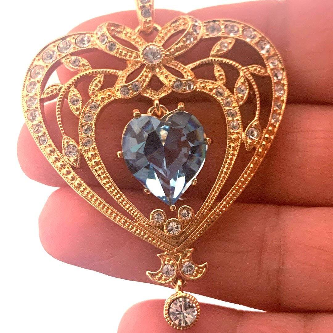 March Birthstone Gold Plated Necklace Set With Heart Shaped Aquamarine Crystal